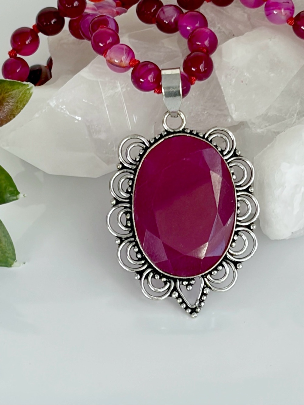 Ruby Tourmaline Pendant Agate Necklace Vintage Style Sterling Silver 925 Overlay